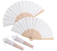 Chuangdi 2 Pieces Wooden Fan Fabric Hand Folding Fans Handheld Fans Craft Fan Decoration Fan Gift Fan with Drawstring Organza Bags for Men Women Girls (White)