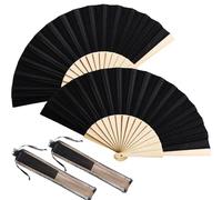 Chuangdi 2 Pieces Folding Hand Fans for Line Dancing Manual Clapping Wooden Wedding Fans Handheld for Women with Drawstring Organza Bags Party Supply(Black,2 Pcs)