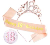 Chuangdi 3 Pieces 18th Rose Gold Birthday Decorations Set Rose Gold Happy 18th Birthday Sash 18th Birthday Rhinestone Tiara Crown Headband Number 18 Badge for Girls 18th Birthday Party Accessories