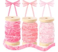 Chuangdi 3 Rolls Crushed Velvet Ribbon 3/8" x 15 Yards with Wooden Spool Luxury Vintage Velvet Ribbon DIY Christmas Tree Wreath Decoration Gift Wrapping Bows(Pink Series)