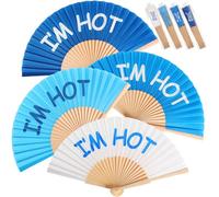 Chuangdi 4 Pcs I'm Hot Folding Fan for Line Dancing Handheld Wooden Foldable Rave Hand Fans with Organza Bags for Women Men Gifts Concerts Festival Wedding Party Favors Decoration(Blue)