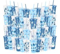 Chuangdi 48 Pcs Christmas Plastic Cups Bulk with Lids Straws Blue, White | 24 oz Reusable for Hot Cold Drinks, Groovy Snowflake Snowman Tree Patterns, Xmas Holiday Party Winter Supplies