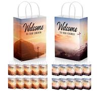 Chuangdi 50 Pcs Church Welcome Bags 5.91 x 3.15 x 8.27 Inches Religious Gift Bags Welcome to Our Church Paper with Handles for Hotel Birthday Bulk Baptism Guest Party Favor Supplies