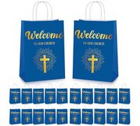 Chuangdi 50 Pcs Church Welcome Gift Bags, Blue | Welcome to Our Church Bags, for Visitor Guest Packets, Religious Cross Gold Foil, Events Baby Shower Birthday