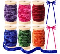 Chuangdi 6 Rolls Crushed Velvet Ribbon with Wooden Spool 3/8" x 30 Yards Luxury Vintage Velvet Ribbon for DIY Christmas Tree Ornaments Gift Wrapping Wreath Decoration Holiday Decor Bows(Classic)