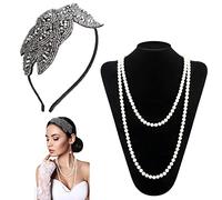 Chuangdi Vintage Headpiece and Pearl Necklace Set, 1920s Headband Leaf Beaded Flapper Long Drop 150 cm Chain Rope for Costume Brides Wedding Party Accessories Women Ladies