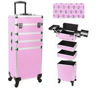 CHUANGJIN Professional Rolling Makeup Case with Wheels, 5-in-1 Makeup Train Case, Cosmetic Makeup Trolley Cart Travel Cosmetology Case On Wheels with Key for Hairstylists, Nail Tech, Pink, Classic
