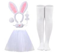 CHUANGLI 6 PCS Women Bunny Costume Set Included Rabbit Ears Headband Nose Bowtie Tail Tutu Skirt and Stocking for Halloween Easter Party Cosplay Dress Up