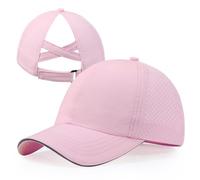 CHUANGLI Girls Criss Cross Ponytail Hat Reflective Lightweight Baseball Cap for Kids Quick Drying Mesh Sports Hat for Age 7-12 Pink