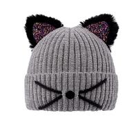 CHUANGLI Kids Girls Sequin Cat Ears Hats Winter Knitted Beanie Hat for Outdoor Snow Ski Skull Cap Ages 7-12 Years Grey