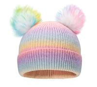 CHUANGLI Kids Winter Knitted Beanie Hat Colorful Pompom Ears Ski Hat for Boys Girls Ages 7-12 Rainbow
