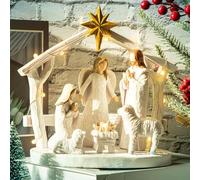 CHUANGLI Large Nativity Scene with Lights, Nativity Story Resin Sculpted Hand Painted Nativity Figurine Set for Christmas Holy Family Manger Scene for Christmas Tabletop Decorations