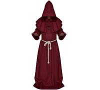 chuangminghangqi Monk Costume Adult Men Sorcerer Priest Robe Halloween Costumes Outfit Medieval Cloak With Hood Friar Cowl for Carnival Cosplay Gothic Wizard Knight Renaissance Burgundy S