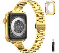 chuangshiji Slim Strap Compatible with Apple Watch 9 8 7 6 5 4 3 2 1 SE Series Metal Replacement for iWatch 38 mm 40 mm 41 mm Adjustable Stainless Steel for Apple Watch Band Apple Band Women, Gold,