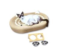 CHUANYGU Happy Luna Cat Scratch Lounge with Double Bowl - 4-in-1 Scratching Bed for Indoor Cats, Elevated Cat Food Dish, Sisal Fiber Scratcher and Resting Bed