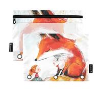 Chubby Fox Little Girl Binder Plastic with Clear Window Pencil case with Zipper Clear Window & Grommets 3 Ringing Pencil case for Office School Supplies Cosmetics Multicolored 2 PCS