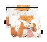 Chubby Fox with Girl 3 Rings Binder Pencil Pouch Pencil Bag with Zipper 2 Pack Waterproof Cosmetic Bag Home Travel Cards Storage Container