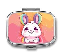 Chubby Rabbit Pill Box 2 Compartment, Portable Pill Case with Mirror for Pocket Purse Travel, Mini Metal Medicine Organizer for Vitamins Fish Oil