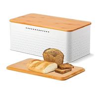 Chuboir Bread Bin, Metal Bread Box with Bamboo Lid Usable as Cutting Board, Bread Storage Container Holder for Kitchen Countertop, 13 x 7 x 5.3 inch (White)