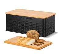 Chuboir Bread Bin, Metal Bread Box with Bamboo Lid Usable as Cutting Board, Bread Storage Container Holder for Kitchen Countertop, 13 x 7 x 5.3 inch (Black)