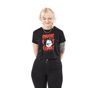 Chucky Womens Black Graphic Tee | Crop Short Sleeved T-Shirt | Horror Movie Doll Print | Creepy Crop Top for Women | Cult Classic Merchandise | Halloween Fashion Shirt for Her