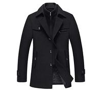 Chuengyu Autumn Winter Solid Color Cold Resistant Men Woolen Overcoat,Mid-long style woolen coat for men outside(Black,Small)
