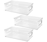 CHUENKUK Fridge Organiser, Stackable Plastic Box Set of 3, Fridge Box with Handle, Pantry Storage Container for Kitchens, Kitchen Cabinets, Cupboards, Desk, Medium, 25.5 x 15.1 x 7.6 cm, Clear