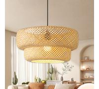 CHUERAK Double-Layer Cake-Style Bamboo Lampshade Chandelier Natural Wicker Rattan Woven Lamps 13.7 Inch Handwoven Pendant Light Boho Weaving Hanging Lights for Living Room Kitchen Farmhouse Bedroom