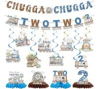Chugga Chugga Two Two Decorations - 14 Pcs 2nd Train Birthday Party Banners Hanging Swirls Honeycomb Centerpieces Table Decor For Boys Train Themed Second Bday Party Supplies