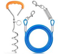 Chuiendi Dog Tie Out Cable and Stake, 10M/32.8FT Dogs Tether Training Line with Swivel Hook and Shock Absorbing Spring, Puppy Lead for Yard Outdoor and Camping for Small Medium Large Pet Up to 120 LBS