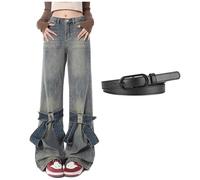 CHUIKUAJ Flared Jeans Wide Leg for Women, Blue Bow Street High Waist Denim Trousers, Y2K Baggy Grunge Jeans Long Pants Autumn,Blue-S