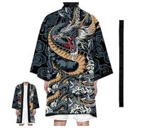 CHUIKUAJ Men's Kimono Cardigan Long 3/4 Sleeve Kimono Robe with Belt Dragon Print Open Front Bathrobe Tops Coat - Plus Size,Black-5XL