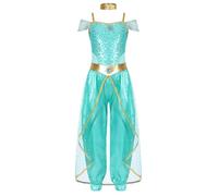 Chukamalilayi Kids Girls Jasmine Princess Costumes Arabian Fancy Dress Party Outfits Halloween Cosplay Clothing (Light Green, 13-14 Years)