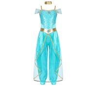 Chukamalilayi Kids Girls Jasmine Princess Costumes Arabian Fancy Dress Party Outfits Halloween Cosplay Clothing (Light Blue, 5-6 Years)