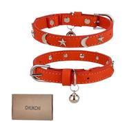 CHUKCHI Leather Cat Collars for Boy Girl Cats with Bell and Safety Elastic Belt, Personalized Star and Moon Stud Adjustable Safe Buckle Collar for Kitty Small Big Cats Size 8-12 InchRose (Orange)