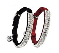 CHUKCHI Soft Velvet Safe Cat Adjustable Collar Bling Diamante With Bells,11 inch for small dogs and cats (Black+Red) …