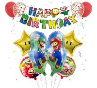 Chukua Super Bros Birthday Party Decorations for Boys & Girls - Super Brother Decoration Foil Balloons, Happy Birthday Banner, Latex Balloons, Mari Theme Party Supplies - 12 Piece Set