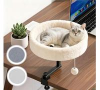 Chumajor Cat Desk Bed - 360° Rotating & Adjustable, Supports 50 lbs, Soft Faux Fur with Dual-Sided Reversible Mat, Modern Indoor Cat Nest Furniture for Office Desks and Game Tables, Island Table white