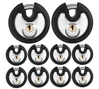 Chumia 10 Pack 70 mm Keyed Alike Padlocks Outdoor Round Stainless Steel Disc Pad Lock with Keys for Storage Unit, Sheds, Garages and Fence, Rubber Bumper Sheath (Black)