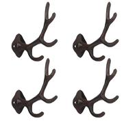 Chumia 4 Pcs Rustic Cast Iron Coat Hooks Wall Mounted Farmhouse Deer Antler Hooks 5.6 Inch 4 Points Heavy Duty Decorative Vintage Wall Hangers for Coats Keys Bags Hats Towels (Brown)