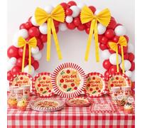 Chumia Pasta Party Supplies Serves 24, Italian Themed Disposable Tableware | Pasta Themed Party Kit, Red Gingham Plate Cup Napkins, Pre-tied Yellow Bows, Golden Satin Ribbon, Balloons Set, Cake Toppers