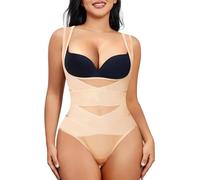 Chumian Bodysuit for Women Shapewear Waist Trainer Body Shaper Mesh Slimming Shaping Bodysuits Tummy Control Top (Beige Thong, M)