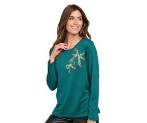 Chums Ladies Bow Sequin Warm Knitted Long Sleeve Top with Diamante Trim | Women's Soft Handle Gentle Stretch Blouse with Sparkle Detailing