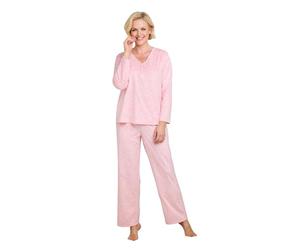 Chums Ladies Brushed Fleece Print Pyjama Set Supersoft Long Sleeve V-Neck Top & Elasticated Waist Bottoms Pink 16-18