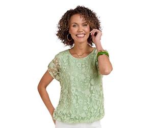 Chums Ladies Bubble Hem Burnout Top, Floral Burnout Jersey with Elasticated Hem, Lightweight Lined Design, Green or Ivory, Sizes S-XL (10-24) Green 14-16