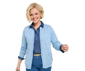Chums Ladies Cable and Diamond Design Cardigan Knit Fabric with Patch Pockets Hydrangea 18-20