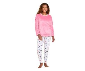 Chums Ladies Cute Dog Print Pyjama Set, Soft Fleece Top with Pocket & Cotton Jersey Cuffed Bottoms, Warm Comfortable Women’s Winter PJs Pink 12-14
