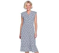 Chums Ladies Elegant Floral Print Viscose Dress with Frill Sleeve Detail, Stylish Button Front Placket, Tiered Hem & Waist Tie Navy 18