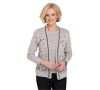 Chums Ladies Floral Jacquard Mock Twin Set Cardigan with Elegant Edge Trim Detail, Comfortable Stretch Fit Stone 10-12