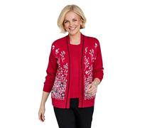 Chums Ladies Floral Jacquard Mock Twin Set Cardigan with Elegant Edge Trim Detail, Comfortable Stretch Fit Red 20-22